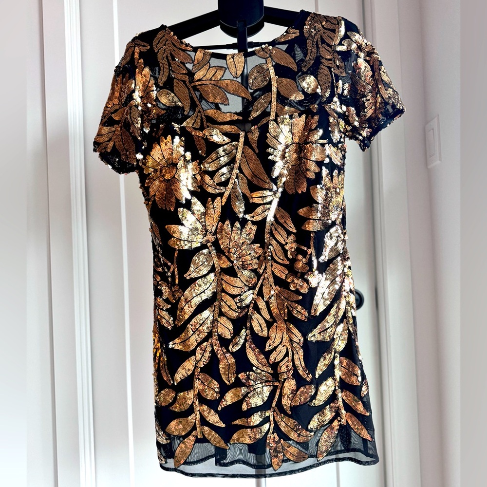 Anthropologie Maeve gold sequin sheer mini dress